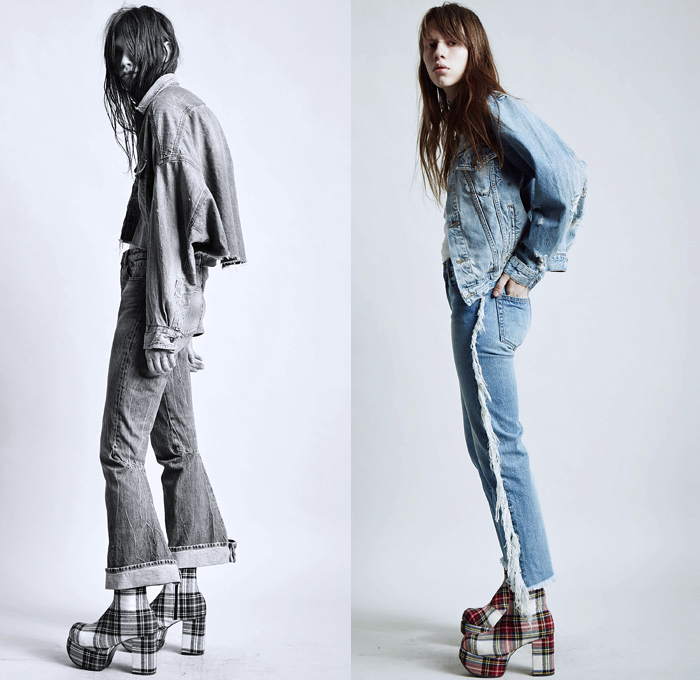 R13 2018 Pre Fall Autumn Womens Lookbook Presentation - British Rock N Roll Grunge Punk Rock Fringes Motorcycle Biker Jacket Stripes Plaid Tartan Check Frankenstein Shoulders Hooded Sweatshirt Plush Fur Shearling Oversized Outerwear Coat Patches Buttons Pantsuit Denim Jeans Jacket Frayed Destroyed Blouse Ruffles Dress Cutout Shoulders Flowers Floral Pleats Shorts Camouflage Elevator Boots Platform Shoes Choker Metallic Studs Spikes Fanny Pack Waist Pouch Belt Bag Pin Back Campaign Buttons