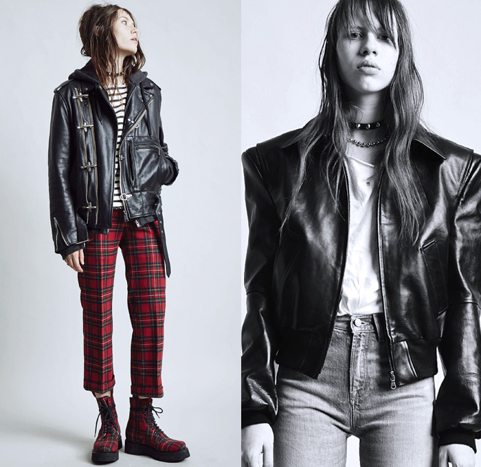 R13 2018 Pre Fall Autumn Womens Lookbook Presentation - British Rock N Roll Grunge Punk Rock Fringes Motorcycle Biker Jacket Stripes Plaid Tartan Check Frankenstein Shoulders Hooded Sweatshirt Plush Fur Shearling Oversized Outerwear Coat Patches Buttons Pantsuit Denim Jeans Jacket Frayed Destroyed Blouse Ruffles Dress Cutout Shoulders Flowers Floral Pleats Shorts Camouflage Elevator Boots Platform Shoes Choker Metallic Studs Spikes Fanny Pack Waist Pouch Belt Bag Pin Back Campaign Buttons