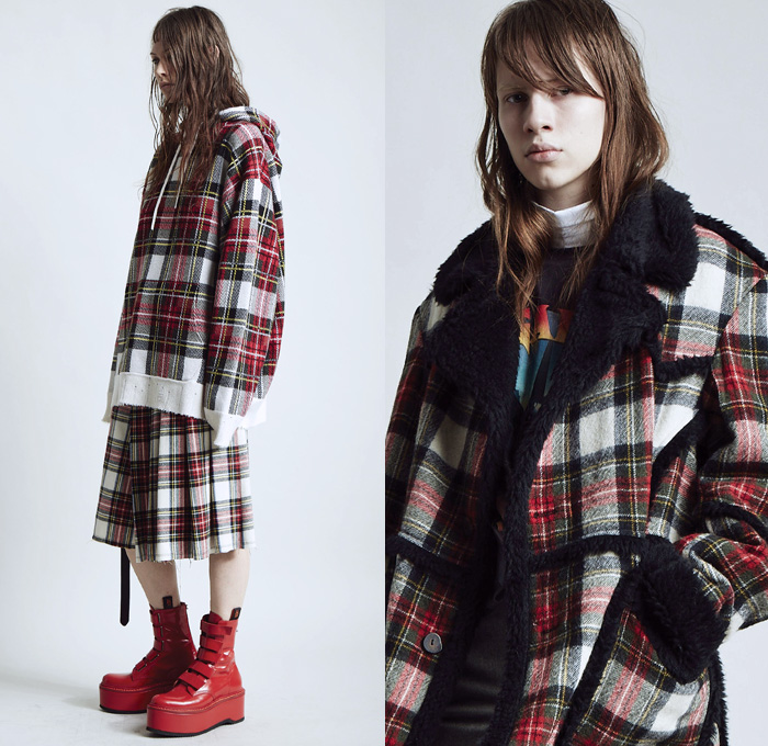 R13 2018 Pre Fall Autumn Womens Lookbook Presentation - British Rock N Roll Grunge Punk Rock Fringes Motorcycle Biker Jacket Stripes Plaid Tartan Check Frankenstein Shoulders Hooded Sweatshirt Plush Fur Shearling Oversized Outerwear Coat Patches Buttons Pantsuit Denim Jeans Jacket Frayed Destroyed Blouse Ruffles Dress Cutout Shoulders Flowers Floral Pleats Shorts Camouflage Elevator Boots Platform Shoes Choker Metallic Studs Spikes Fanny Pack Waist Pouch Belt Bag Pin Back Campaign Buttons