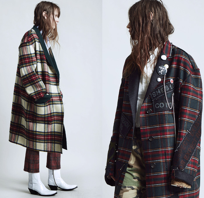 R13 2018 Pre Fall Autumn Womens Lookbook Presentation - British Rock N Roll Grunge Punk Rock Fringes Motorcycle Biker Jacket Stripes Plaid Tartan Check Frankenstein Shoulders Hooded Sweatshirt Plush Fur Shearling Oversized Outerwear Coat Patches Buttons Pantsuit Denim Jeans Jacket Frayed Destroyed Blouse Ruffles Dress Cutout Shoulders Flowers Floral Pleats Shorts Camouflage Elevator Boots Platform Shoes Choker Metallic Studs Spikes Fanny Pack Waist Pouch Belt Bag Pin Back Campaign Buttons