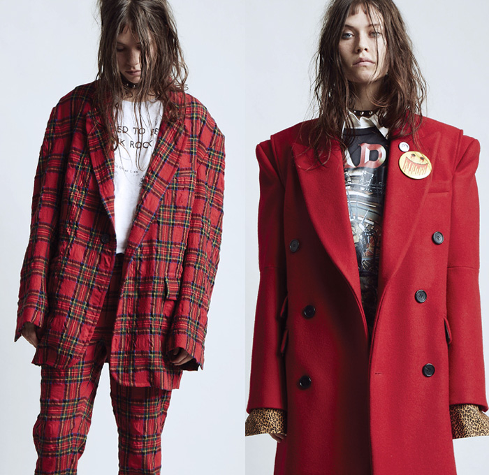 R13 2018 Pre Fall Autumn Womens Lookbook Presentation - British Rock N Roll Grunge Punk Rock Fringes Motorcycle Biker Jacket Stripes Plaid Tartan Check Frankenstein Shoulders Hooded Sweatshirt Plush Fur Shearling Oversized Outerwear Coat Patches Buttons Pantsuit Denim Jeans Jacket Frayed Destroyed Blouse Ruffles Dress Cutout Shoulders Flowers Floral Pleats Shorts Camouflage Elevator Boots Platform Shoes Choker Metallic Studs Spikes Fanny Pack Waist Pouch Belt Bag Pin Back Campaign Buttons