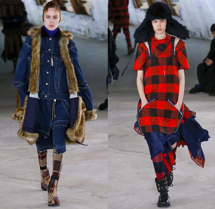 Sacai by Chitose Abe 2018 Pre Fall Autumn Womens Runway Show Catwalk Looks - Mode à Paris Fashion Week Mens - Denim Jeans Frayed Raw Hem Deconstructed Hybrid Combo Panel Zippers Plush Fur Plaid Tartan Herringbone Check Sheer Chiffon Straps Belts Velvet Fringes Decorative Art Tribal Folk Coat Parka Blouse Quilted Puffer Down Jacket Knit Turtleneck Sweater Nylon Patchwork Caftan Pantsuit Leggings Accordion Pleats Skirt Leg Warmers Leather Boots Russian Fur Hat Ushanka Sandals Bag Clutch Purse