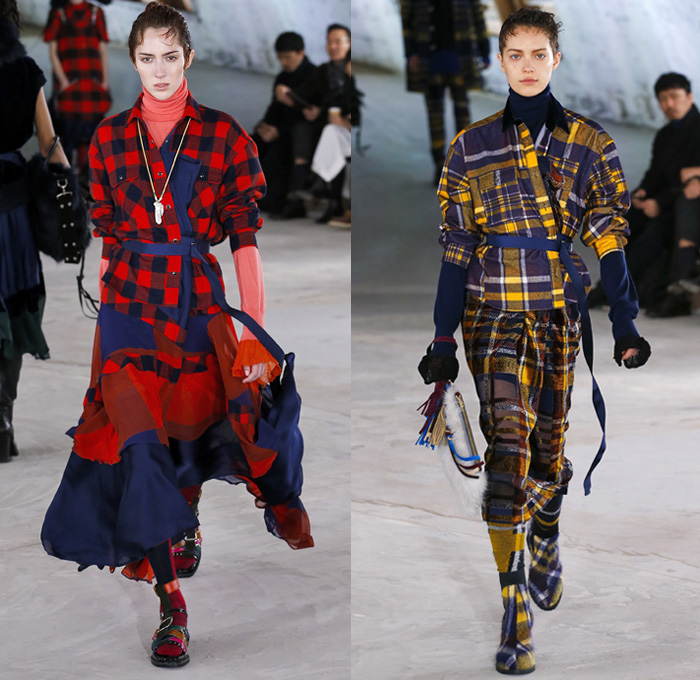 Sacai by Chitose Abe 2018 Pre Fall Autumn Womens Runway Show Catwalk Looks - Mode à Paris Fashion Week Mens - Denim Jeans Frayed Raw Hem Deconstructed Hybrid Combo Panel Zippers Plush Fur Plaid Tartan Herringbone Check Sheer Chiffon Straps Belts Velvet Fringes Decorative Art Tribal Folk Coat Parka Blouse Quilted Puffer Down Jacket Knit Turtleneck Sweater Nylon Patchwork Caftan Pantsuit Leggings Accordion Pleats Skirt Leg Warmers Leather Boots Russian Fur Hat Ushanka Sandals Bag Clutch Purse