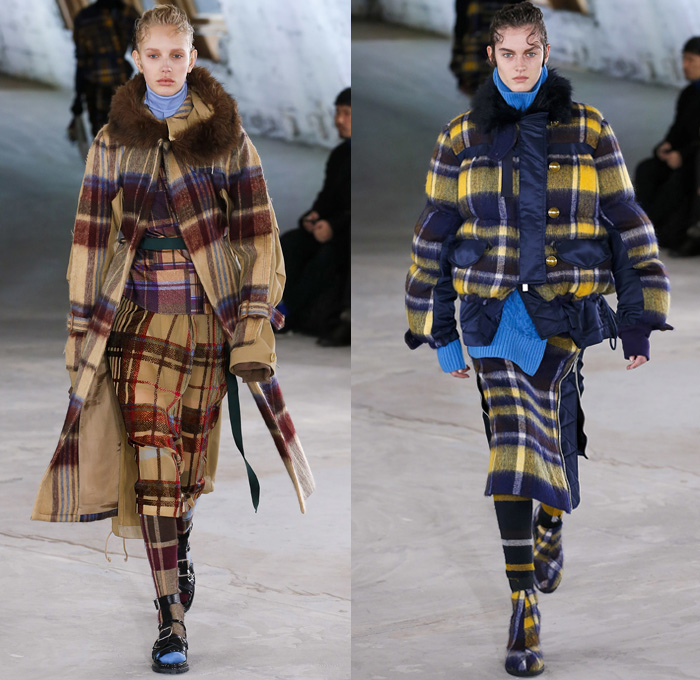 Sacai by Chitose Abe 2018 Pre Fall Autumn Womens Runway Show Catwalk Looks - Mode à Paris Fashion Week Mens - Denim Jeans Frayed Raw Hem Deconstructed Hybrid Combo Panel Zippers Plush Fur Plaid Tartan Herringbone Check Sheer Chiffon Straps Belts Velvet Fringes Decorative Art Tribal Folk Coat Parka Blouse Quilted Puffer Down Jacket Knit Turtleneck Sweater Nylon Patchwork Caftan Pantsuit Leggings Accordion Pleats Skirt Leg Warmers Leather Boots Russian Fur Hat Ushanka Sandals Bag Clutch Purse