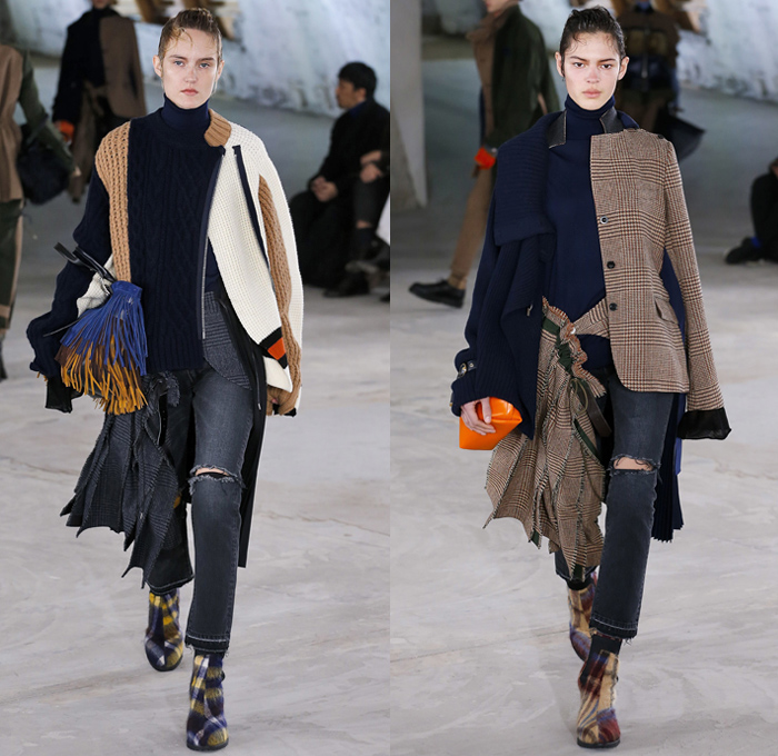 Sacai by Chitose Abe 2018 Pre Fall Autumn Womens Runway Show Catwalk Looks - Mode à Paris Fashion Week Mens - Denim Jeans Frayed Raw Hem Deconstructed Hybrid Combo Panel Zippers Plush Fur Plaid Tartan Herringbone Check Sheer Chiffon Straps Belts Velvet Fringes Decorative Art Tribal Folk Coat Parka Blouse Quilted Puffer Down Jacket Knit Turtleneck Sweater Nylon Patchwork Caftan Pantsuit Leggings Accordion Pleats Skirt Leg Warmers Leather Boots Russian Fur Hat Ushanka Sandals Bag Clutch Purse