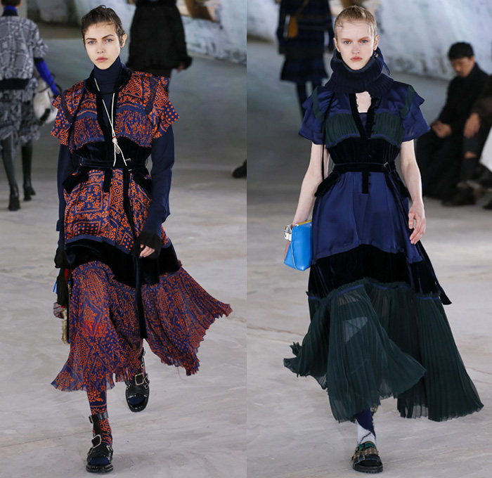 Sacai by Chitose Abe 2018 Pre Fall Autumn Womens Runway Show Catwalk Looks - Mode à Paris Fashion Week Mens - Denim Jeans Frayed Raw Hem Deconstructed Hybrid Combo Panel Zippers Plush Fur Plaid Tartan Herringbone Check Sheer Chiffon Straps Belts Velvet Fringes Decorative Art Tribal Folk Coat Parka Blouse Quilted Puffer Down Jacket Knit Turtleneck Sweater Nylon Patchwork Caftan Pantsuit Leggings Accordion Pleats Skirt Leg Warmers Leather Boots Russian Fur Hat Ushanka Sandals Bag Clutch Purse