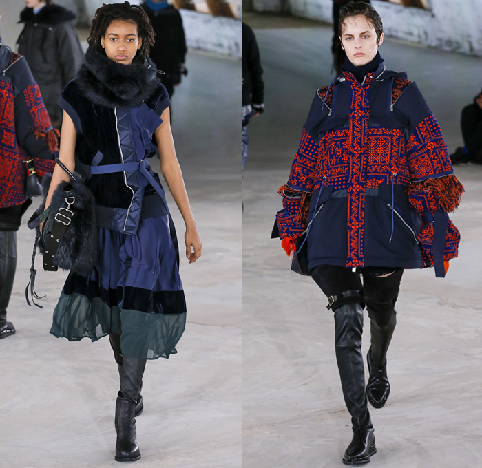 Sacai by Chitose Abe 2018 Pre Fall Autumn Womens Runway Show Catwalk Looks - Mode à Paris Fashion Week Mens - Denim Jeans Frayed Raw Hem Deconstructed Hybrid Combo Panel Zippers Plush Fur Plaid Tartan Herringbone Check Sheer Chiffon Straps Belts Velvet Fringes Decorative Art Tribal Folk Coat Parka Blouse Quilted Puffer Down Jacket Knit Turtleneck Sweater Nylon Patchwork Caftan Pantsuit Leggings Accordion Pleats Skirt Leg Warmers Leather Boots Russian Fur Hat Ushanka Sandals Bag Clutch Purse