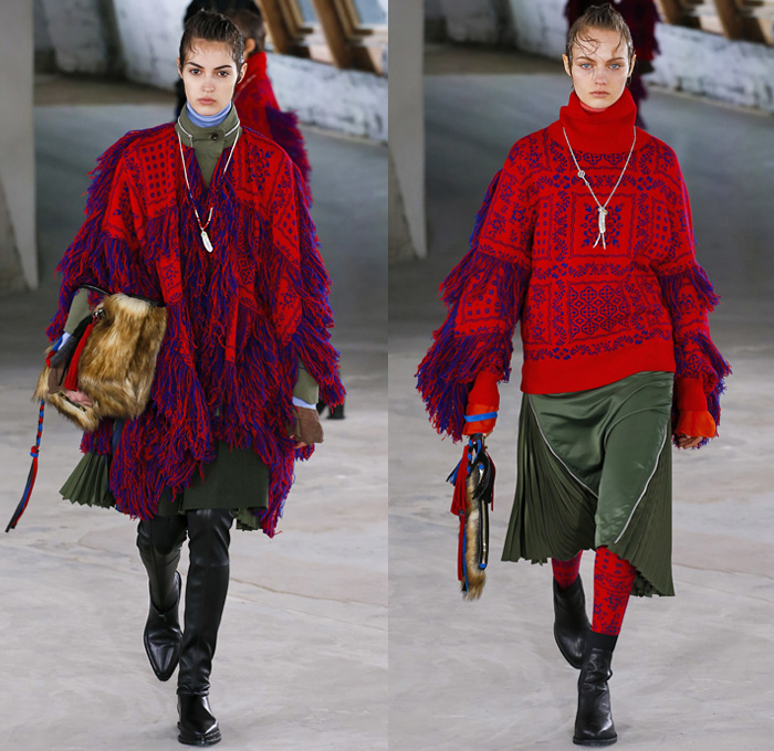 Sacai by Chitose Abe 2018 Pre Fall Autumn Womens Runway Show Catwalk Looks - Mode à Paris Fashion Week Mens - Denim Jeans Frayed Raw Hem Deconstructed Hybrid Combo Panel Zippers Plush Fur Plaid Tartan Herringbone Check Sheer Chiffon Straps Belts Velvet Fringes Decorative Art Tribal Folk Coat Parka Blouse Quilted Puffer Down Jacket Knit Turtleneck Sweater Nylon Patchwork Caftan Pantsuit Leggings Accordion Pleats Skirt Leg Warmers Leather Boots Russian Fur Hat Ushanka Sandals Bag Clutch Purse