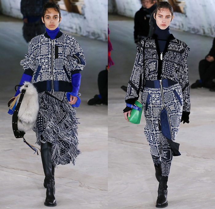 Sacai by Chitose Abe 2018 Pre Fall Autumn Womens Runway Show Catwalk Looks - Mode à Paris Fashion Week Mens - Denim Jeans Frayed Raw Hem Deconstructed Hybrid Combo Panel Zippers Plush Fur Plaid Tartan Herringbone Check Sheer Chiffon Straps Belts Velvet Fringes Decorative Art Tribal Folk Coat Parka Blouse Quilted Puffer Down Jacket Knit Turtleneck Sweater Nylon Patchwork Caftan Pantsuit Leggings Accordion Pleats Skirt Leg Warmers Leather Boots Russian Fur Hat Ushanka Sandals Bag Clutch Purse