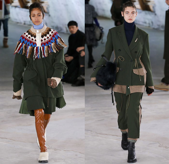 Sacai by Chitose Abe 2018 Pre Fall Autumn Womens Runway Show Catwalk Looks - Mode à Paris Fashion Week Mens - Denim Jeans Frayed Raw Hem Deconstructed Hybrid Combo Panel Zippers Plush Fur Plaid Tartan Herringbone Check Sheer Chiffon Straps Belts Velvet Fringes Decorative Art Tribal Folk Coat Parka Blouse Quilted Puffer Down Jacket Knit Turtleneck Sweater Nylon Patchwork Caftan Pantsuit Leggings Accordion Pleats Skirt Leg Warmers Leather Boots Russian Fur Hat Ushanka Sandals Bag Clutch Purse