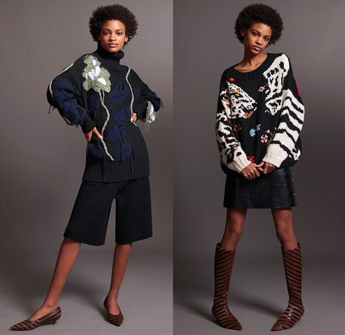 Sonia Rykiel 2018 Pre Fall Autumn Womens Lookbook Presentation - Knit Sweater Threads Trees Turtleneck Tiger Blouse Pantsuit Shirtdress Parka Anorak Cargo Pockets Robe Capelet Hanging Sleeve Rainwear Trench Coat Blazerdress Stripes Lips Kiss Velvet Quilted Puffer Fringes Threads Leopard Dots Plush Fur Tweed Frayed Corduroy Dress Shorts Miniskirt Jogger Sweatpants Kitten Heels Platform Shoes Heels Boots Crossbody Handbag Tote Micro Mini Circular Bag