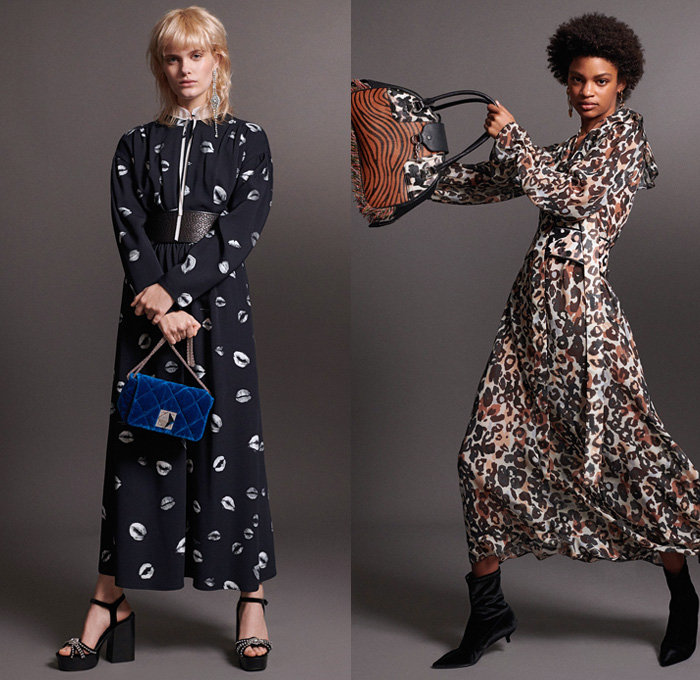 Sonia Rykiel 2018 Pre Fall Autumn Womens Lookbook Presentation - Knit Sweater Threads Trees Turtleneck Tiger Blouse Pantsuit Shirtdress Parka Anorak Cargo Pockets Robe Capelet Hanging Sleeve Rainwear Trench Coat Blazerdress Stripes Lips Kiss Velvet Quilted Puffer Fringes Threads Leopard Dots Plush Fur Tweed Frayed Corduroy Dress Shorts Miniskirt Jogger Sweatpants Kitten Heels Platform Shoes Heels Boots Crossbody Handbag Tote Micro Mini Circular Bag