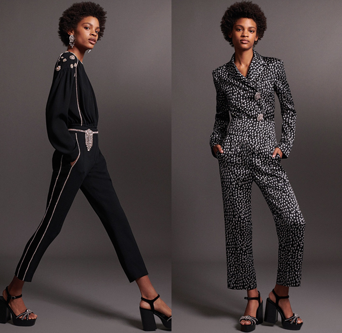 Sonia Rykiel 2018 Pre Fall Autumn Womens Lookbook Presentation - Knit Sweater Threads Trees Turtleneck Tiger Blouse Pantsuit Shirtdress Parka Anorak Cargo Pockets Robe Capelet Hanging Sleeve Rainwear Trench Coat Blazerdress Stripes Lips Kiss Velvet Quilted Puffer Fringes Threads Leopard Dots Plush Fur Tweed Frayed Corduroy Dress Shorts Miniskirt Jogger Sweatpants Kitten Heels Platform Shoes Heels Boots Crossbody Handbag Tote Micro Mini Circular Bag