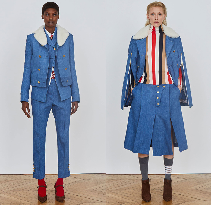 Thom Browne 2018 Pre Fall Autumn Womens Lookbook Presentation - Denim Jeans Plush Fur Shearling Outerwear Coat Cocoon Quilted Waffle Puffer Down Jacket Leg O'Mutton Sleeves Hooded Parka Arctic Wool Pantsuit Cape Hanging Sleeve Stripes Accordion Pleats Weave Crochet Knit Loops Fringes Bedazzled Gemstones Crystals Sheer ChiffonTulle Plaid Tartan Check Hybrid Combo Panel Dress Gown Eveningwear Shirtdress Athletic Socks Ankle Boots Crossbody Bag Boxy Tote Handbag Gloves Necktie