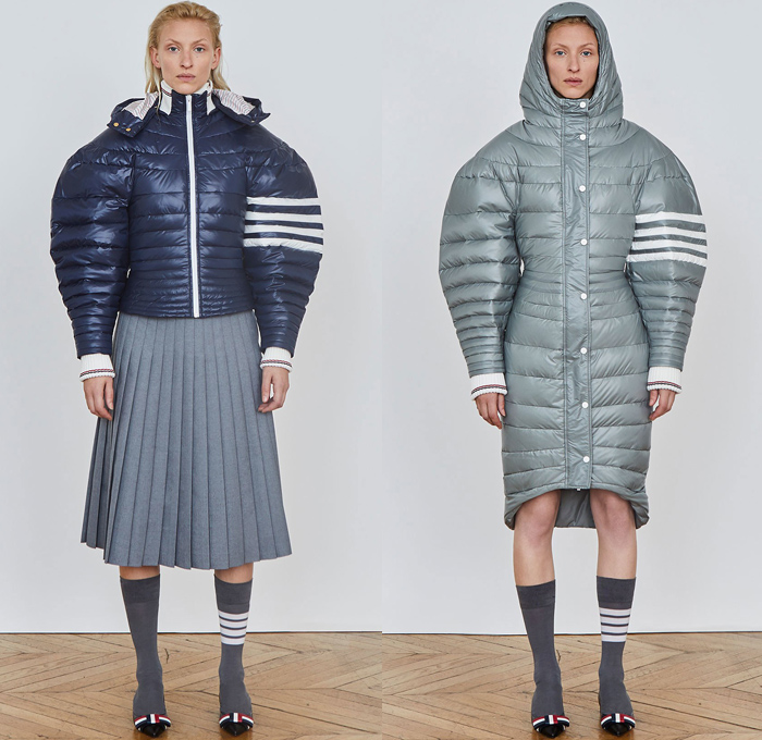 Thom Browne 2018 Pre Fall Autumn Womens Lookbook Presentation - Denim Jeans Plush Fur Shearling Outerwear Coat Cocoon Quilted Waffle Puffer Down Jacket Leg O'Mutton Sleeves Hooded Parka Arctic Wool Pantsuit Cape Hanging Sleeve Stripes Accordion Pleats Weave Crochet Knit Loops Fringes Bedazzled Gemstones Crystals Sheer ChiffonTulle Plaid Tartan Check Hybrid Combo Panel Dress Gown Eveningwear Shirtdress Athletic Socks Ankle Boots Crossbody Bag Boxy Tote Handbag Gloves Necktie