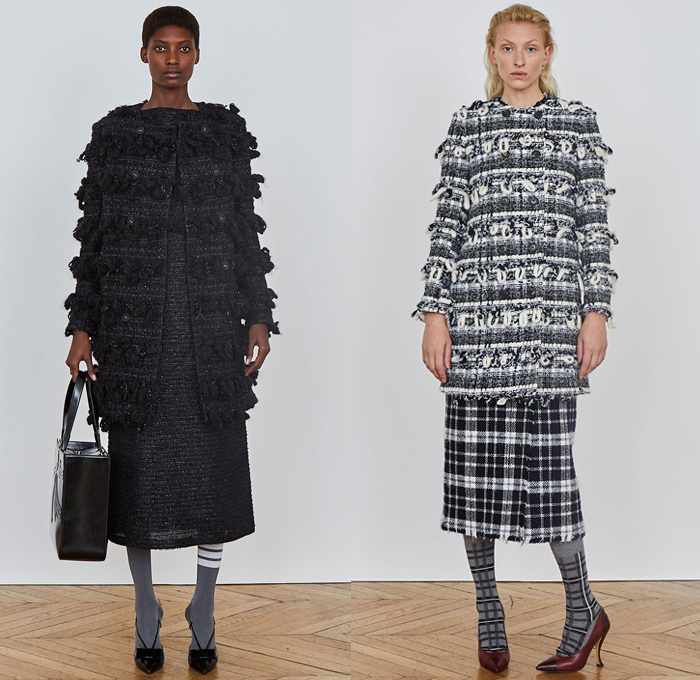 Thom Browne 2018 Pre Fall Autumn Womens Lookbook Presentation - Denim Jeans Plush Fur Shearling Outerwear Coat Cocoon Quilted Waffle Puffer Down Jacket Leg O'Mutton Sleeves Hooded Parka Arctic Wool Pantsuit Cape Hanging Sleeve Stripes Accordion Pleats Weave Crochet Knit Loops Fringes Bedazzled Gemstones Crystals Sheer ChiffonTulle Plaid Tartan Check Hybrid Combo Panel Dress Gown Eveningwear Shirtdress Athletic Socks Ankle Boots Crossbody Bag Boxy Tote Handbag Gloves Necktie