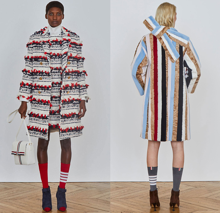 Thom Browne 2018 Pre Fall Autumn Womens Lookbook Presentation - Denim Jeans Plush Fur Shearling Outerwear Coat Cocoon Quilted Waffle Puffer Down Jacket Leg O'Mutton Sleeves Hooded Parka Arctic Wool Pantsuit Cape Hanging Sleeve Stripes Accordion Pleats Weave Crochet Knit Loops Fringes Bedazzled Gemstones Crystals Sheer ChiffonTulle Plaid Tartan Check Hybrid Combo Panel Dress Gown Eveningwear Shirtdress Athletic Socks Ankle Boots Crossbody Bag Boxy Tote Handbag Gloves Necktie