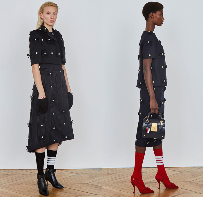 Thom Browne 2018 Pre Fall Autumn Womens Lookbook Presentation - Denim Jeans Plush Fur Shearling Outerwear Coat Cocoon Quilted Waffle Puffer Down Jacket Leg O'Mutton Sleeves Hooded Parka Arctic Wool Pantsuit Cape Hanging Sleeve Stripes Accordion Pleats Weave Crochet Knit Loops Fringes Bedazzled Gemstones Crystals Sheer ChiffonTulle Plaid Tartan Check Hybrid Combo Panel Dress Gown Eveningwear Shirtdress Athletic Socks Ankle Boots Crossbody Bag Boxy Tote Handbag Gloves Necktie