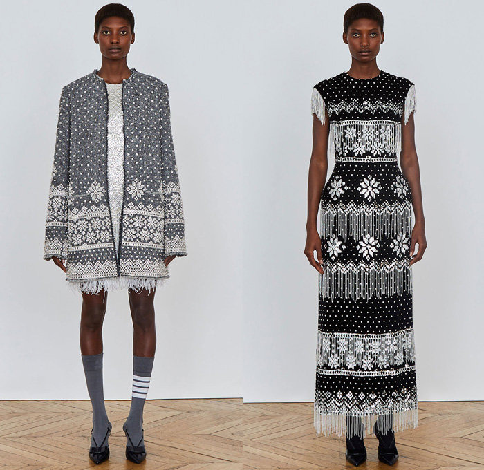 Thom Browne 2018 Pre Fall Autumn Womens Lookbook Presentation - Denim Jeans Plush Fur Shearling Outerwear Coat Cocoon Quilted Waffle Puffer Down Jacket Leg O'Mutton Sleeves Hooded Parka Arctic Wool Pantsuit Cape Hanging Sleeve Stripes Accordion Pleats Weave Crochet Knit Loops Fringes Bedazzled Gemstones Crystals Sheer ChiffonTulle Plaid Tartan Check Hybrid Combo Panel Dress Gown Eveningwear Shirtdress Athletic Socks Ankle Boots Crossbody Bag Boxy Tote Handbag Gloves Necktie