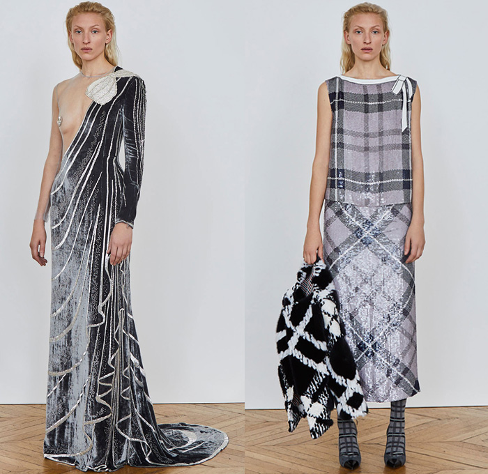 Thom Browne 2018 Pre Fall Autumn Womens Lookbook Presentation - Denim Jeans Plush Fur Shearling Outerwear Coat Cocoon Quilted Waffle Puffer Down Jacket Leg O'Mutton Sleeves Hooded Parka Arctic Wool Pantsuit Cape Hanging Sleeve Stripes Accordion Pleats Weave Crochet Knit Loops Fringes Bedazzled Gemstones Crystals Sheer ChiffonTulle Plaid Tartan Check Hybrid Combo Panel Dress Gown Eveningwear Shirtdress Athletic Socks Ankle Boots Crossbody Bag Boxy Tote Handbag Gloves Necktie