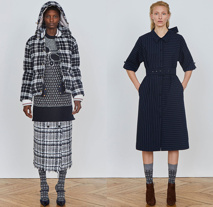 Thom Browne 2018 Pre Fall Autumn Womens Lookbook Presentation - Denim Jeans Plush Fur Shearling Outerwear Coat Cocoon Quilted Waffle Puffer Down Jacket Leg O'Mutton Sleeves Hooded Parka Arctic Wool Pantsuit Cape Hanging Sleeve Stripes Accordion Pleats Weave Crochet Knit Loops Fringes Bedazzled Gemstones Crystals Sheer ChiffonTulle Plaid Tartan Check Hybrid Combo Panel Dress Gown Eveningwear Shirtdress Athletic Socks Ankle Boots Crossbody Bag Boxy Tote Handbag Gloves Necktie