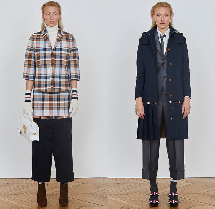 Thom Browne 2018 Pre Fall Autumn Womens Lookbook Presentation - Denim Jeans Plush Fur Shearling Outerwear Coat Cocoon Quilted Waffle Puffer Down Jacket Leg O'Mutton Sleeves Hooded Parka Arctic Wool Pantsuit Cape Hanging Sleeve Stripes Accordion Pleats Weave Crochet Knit Loops Fringes Bedazzled Gemstones Crystals Sheer ChiffonTulle Plaid Tartan Check Hybrid Combo Panel Dress Gown Eveningwear Shirtdress Athletic Socks Ankle Boots Crossbody Bag Boxy Tote Handbag Gloves Necktie