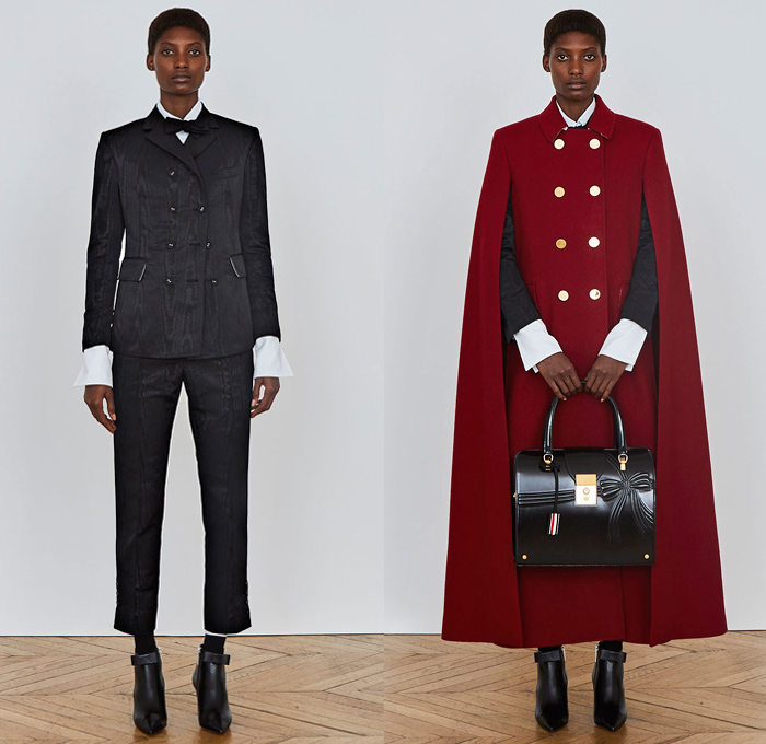 Thom Browne 2018 Pre Fall Autumn Womens Lookbook Presentation - Denim Jeans Plush Fur Shearling Outerwear Coat Cocoon Quilted Waffle Puffer Down Jacket Leg O'Mutton Sleeves Hooded Parka Arctic Wool Pantsuit Cape Hanging Sleeve Stripes Accordion Pleats Weave Crochet Knit Loops Fringes Bedazzled Gemstones Crystals Sheer ChiffonTulle Plaid Tartan Check Hybrid Combo Panel Dress Gown Eveningwear Shirtdress Athletic Socks Ankle Boots Crossbody Bag Boxy Tote Handbag Gloves Necktie