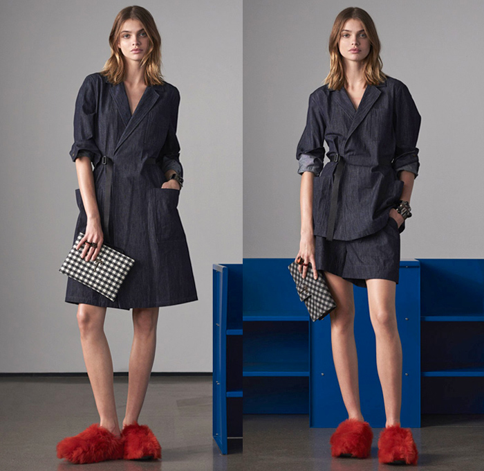 Tomas Maier 2018 Pre Fall Autumn Womens Lookbook Presentation - Denim Jeans Straps Belts Pinafore Apron Dress Check Plaid Tartan Sheer Mesh Accordion Pleats Sporty Athleisure Tracksuit Outerwear Coat Knit Sweater Cardigan Bomber Jacket Blouse Blazer Tie Up Cinch Shirtdress Nylon Miniskirt Shorts Swimwear Maillot Bikini Socks Brogues Loafers Cow Print Handbag Tote Clutch Crossbody Furry Slippers