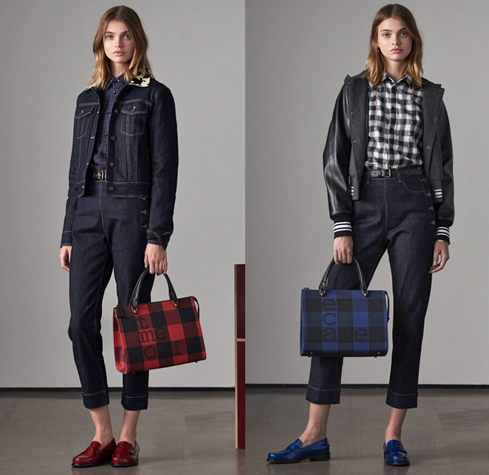 Tomas Maier 2018 Pre Fall Autumn Womens Lookbook Presentation - Denim Jeans Straps Belts Pinafore Apron Dress Check Plaid Tartan Sheer Mesh Accordion Pleats Sporty Athleisure Tracksuit Outerwear Coat Knit Sweater Cardigan Bomber Jacket Blouse Blazer Tie Up Cinch Shirtdress Nylon Miniskirt Shorts Swimwear Maillot Bikini Socks Brogues Loafers Cow Print Handbag Tote Clutch Crossbody Furry Slippers