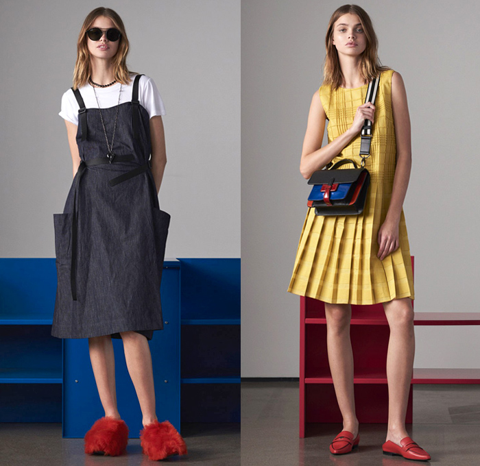 Tomas Maier 2018 Pre Fall Autumn Womens Lookbook Presentation - Denim Jeans Straps Belts Pinafore Apron Dress Check Plaid Tartan Sheer Mesh Accordion Pleats Sporty Athleisure Tracksuit Outerwear Coat Knit Sweater Cardigan Bomber Jacket Blouse Blazer Tie Up Cinch Shirtdress Nylon Miniskirt Shorts Swimwear Maillot Bikini Socks Brogues Loafers Cow Print Handbag Tote Clutch Crossbody Furry Slippers