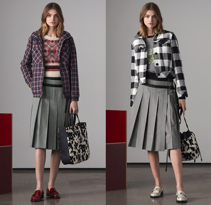 Tomas Maier 2018 Pre Fall Autumn Womens Lookbook Presentation - Denim Jeans Straps Belts Pinafore Apron Dress Check Plaid Tartan Sheer Mesh Accordion Pleats Sporty Athleisure Tracksuit Outerwear Coat Knit Sweater Cardigan Bomber Jacket Blouse Blazer Tie Up Cinch Shirtdress Nylon Miniskirt Shorts Swimwear Maillot Bikini Socks Brogues Loafers Cow Print Handbag Tote Clutch Crossbody Furry Slippers