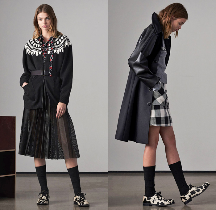 Tomas Maier 2018 Pre Fall Autumn Womens Lookbook Presentation - Denim Jeans Straps Belts Pinafore Apron Dress Check Plaid Tartan Sheer Mesh Accordion Pleats Sporty Athleisure Tracksuit Outerwear Coat Knit Sweater Cardigan Bomber Jacket Blouse Blazer Tie Up Cinch Shirtdress Nylon Miniskirt Shorts Swimwear Maillot Bikini Socks Brogues Loafers Cow Print Handbag Tote Clutch Crossbody Furry Slippers