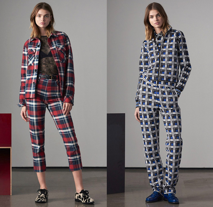 Tomas Maier 2018 Pre Fall Autumn Womens Lookbook Presentation - Denim Jeans Straps Belts Pinafore Apron Dress Check Plaid Tartan Sheer Mesh Accordion Pleats Sporty Athleisure Tracksuit Outerwear Coat Knit Sweater Cardigan Bomber Jacket Blouse Blazer Tie Up Cinch Shirtdress Nylon Miniskirt Shorts Swimwear Maillot Bikini Socks Brogues Loafers Cow Print Handbag Tote Clutch Crossbody Furry Slippers