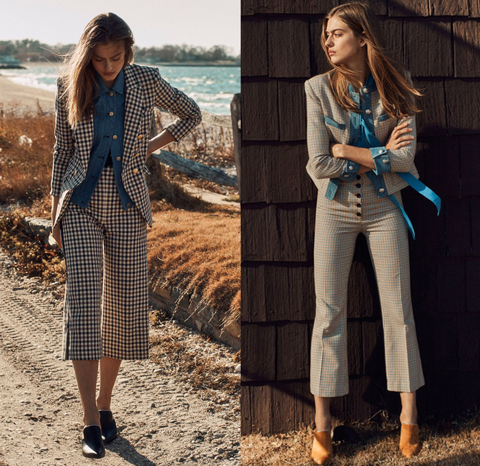 Veronica Beard 2018 Pre Fall Autumn Womens Lookbook Presentation - Denim Jeans Flare Frayed Raw Hem Leather Jacket Blazer Pantsuit Blouse Drawstring Cinch Ruffles Flowers Floral Plaid Tartan Check Lace Miniskirt Cargo Pockets Pinafore Dress Contrast Stitching Cropped Pants Culottes Noodle Strap Mix Match Mash Up One Shoulder Pointed Shoes