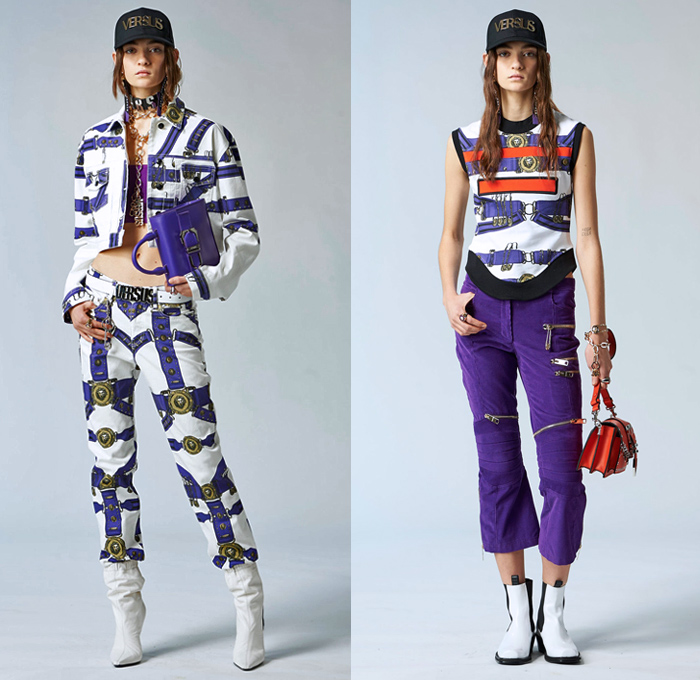 Versus Versace 2018 Pre Fall Autumn Womens Lookbook Presentation - High Street Ballerina Poodle Dress Logo Denim Jeans Straps Belts Print Zippers Crop Top Midriff Bandeau Sweatshirt Bomber Jacket Quilted Puffer Pantsuit Peacoat Shirtdress Sweater One Shoulder Sheer Lace PVC Vinyl Pleather Half Panel Cinch Drawstring Accordion Pleats Jogger Sweatpants Leggings Stockings Miniskirt Boots Heels Sneakers Trucker Hat Chain Choker Safety Pins Clutch Doctor's Bag Mini Backpack Fanny Pack Waist Pouch