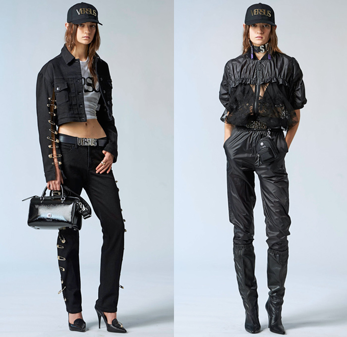 Versus Versace 2018 Pre Fall Autumn Womens Lookbook Presentation - High Street Ballerina Poodle Dress Logo Denim Jeans Straps Belts Print Zippers Crop Top Midriff Bandeau Sweatshirt Bomber Jacket Quilted Puffer Pantsuit Peacoat Shirtdress Sweater One Shoulder Sheer Lace PVC Vinyl Pleather Half Panel Cinch Drawstring Accordion Pleats Jogger Sweatpants Leggings Stockings Miniskirt Boots Heels Sneakers Trucker Hat Chain Choker Safety Pins Clutch Doctor's Bag Mini Backpack Fanny Pack Waist Pouch