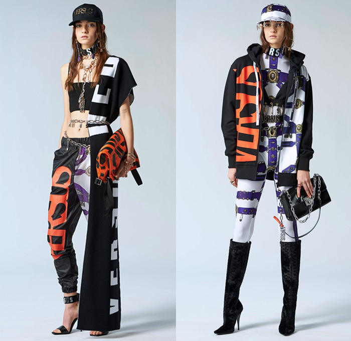 Versus Versace 2018 Pre Fall Autumn Womens Lookbook Presentation - High Street Ballerina Poodle Dress Logo Denim Jeans Straps Belts Print Zippers Crop Top Midriff Bandeau Sweatshirt Bomber Jacket Quilted Puffer Pantsuit Peacoat Shirtdress Sweater One Shoulder Sheer Lace PVC Vinyl Pleather Half Panel Cinch Drawstring Accordion Pleats Jogger Sweatpants Leggings Stockings Miniskirt Boots Heels Sneakers Trucker Hat Chain Choker Safety Pins Clutch Doctor's Bag Mini Backpack Fanny Pack Waist Pouch