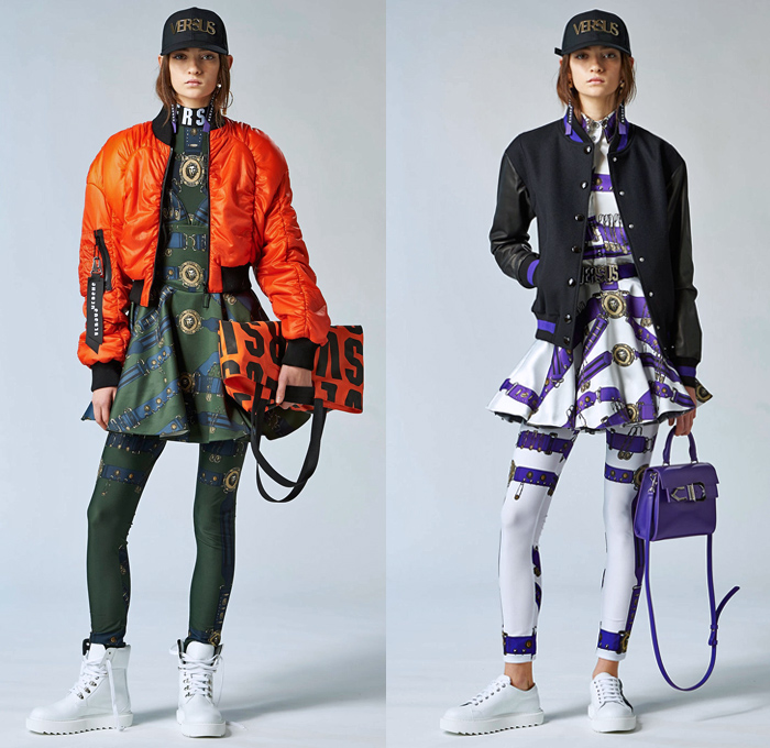 Versus Versace 2018 Pre Fall Autumn Womens Lookbook Presentation - High Street Ballerina Poodle Dress Logo Denim Jeans Straps Belts Print Zippers Crop Top Midriff Bandeau Sweatshirt Bomber Jacket Quilted Puffer Pantsuit Peacoat Shirtdress Sweater One Shoulder Sheer Lace PVC Vinyl Pleather Half Panel Cinch Drawstring Accordion Pleats Jogger Sweatpants Leggings Stockings Miniskirt Boots Heels Sneakers Trucker Hat Chain Choker Safety Pins Clutch Doctor's Bag Mini Backpack Fanny Pack Waist Pouch