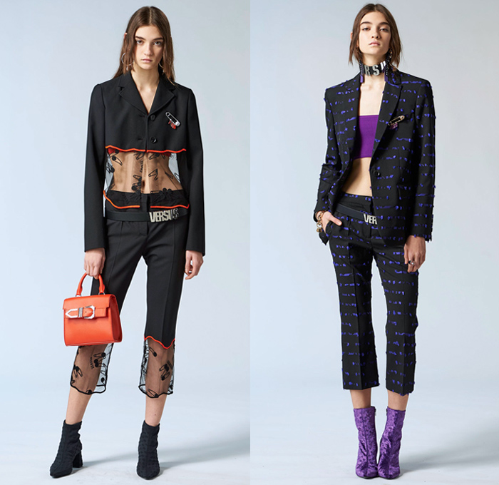 Versus Versace 2018 Pre Fall Autumn Womens Lookbook Presentation - High Street Ballerina Poodle Dress Logo Denim Jeans Straps Belts Print Zippers Crop Top Midriff Bandeau Sweatshirt Bomber Jacket Quilted Puffer Pantsuit Peacoat Shirtdress Sweater One Shoulder Sheer Lace PVC Vinyl Pleather Half Panel Cinch Drawstring Accordion Pleats Jogger Sweatpants Leggings Stockings Miniskirt Boots Heels Sneakers Trucker Hat Chain Choker Safety Pins Clutch Doctor's Bag Mini Backpack Fanny Pack Waist Pouch