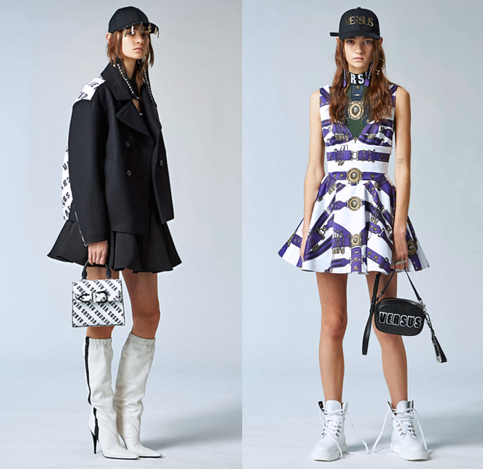 Versus Versace 2018 Pre Fall Autumn Womens Lookbook Presentation - High Street Ballerina Poodle Dress Logo Denim Jeans Straps Belts Print Zippers Crop Top Midriff Bandeau Sweatshirt Bomber Jacket Quilted Puffer Pantsuit Peacoat Shirtdress Sweater One Shoulder Sheer Lace PVC Vinyl Pleather Half Panel Cinch Drawstring Accordion Pleats Jogger Sweatpants Leggings Stockings Miniskirt Boots Heels Sneakers Trucker Hat Chain Choker Safety Pins Clutch Doctor's Bag Mini Backpack Fanny Pack Waist Pouch