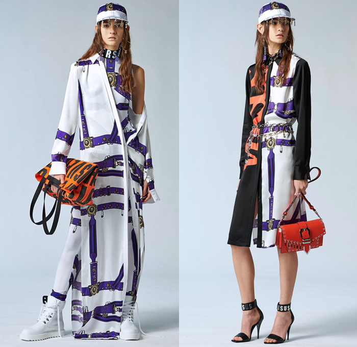 Versus Versace 2018 Pre Fall Autumn Womens Lookbook Presentation - High Street Ballerina Poodle Dress Logo Denim Jeans Straps Belts Print Zippers Crop Top Midriff Bandeau Sweatshirt Bomber Jacket Quilted Puffer Pantsuit Peacoat Shirtdress Sweater One Shoulder Sheer Lace PVC Vinyl Pleather Half Panel Cinch Drawstring Accordion Pleats Jogger Sweatpants Leggings Stockings Miniskirt Boots Heels Sneakers Trucker Hat Chain Choker Safety Pins Clutch Doctor's Bag Mini Backpack Fanny Pack Waist Pouch