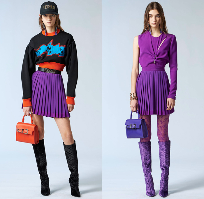 Versus Versace 2018 Pre Fall Autumn Womens Lookbook Presentation - High Street Ballerina Poodle Dress Logo Denim Jeans Straps Belts Print Zippers Crop Top Midriff Bandeau Sweatshirt Bomber Jacket Quilted Puffer Pantsuit Peacoat Shirtdress Sweater One Shoulder Sheer Lace PVC Vinyl Pleather Half Panel Cinch Drawstring Accordion Pleats Jogger Sweatpants Leggings Stockings Miniskirt Boots Heels Sneakers Trucker Hat Chain Choker Safety Pins Clutch Doctor's Bag Mini Backpack Fanny Pack Waist Pouch