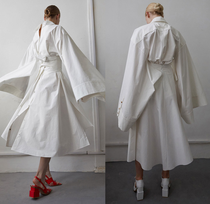 A.W.A.K.E. 2018 Resort Cruise Pre-Spring Womens Lookbook Presentation - Outerwear Trench Coat Quilted Waffle Puffer Hooded Parka Oversized Kimono Wrap Robe Bell Wide Sleeves Elongated Long Sleeve Blouse Shirt Buttons Deconstructed Panels Polka Dots Spots Reverse Tie Up Check Grid Lattice Obi Sash Shirtdress Topographical Worm Hanging Sleeve Drapery Wrap Leg O'mutton Bloated Sleeves Sheer Chiffon Organza Tulle One Shoulder Halterneck Accordion Pleats Skirt Frock Pleats Wide Leg Trousers Palazzo Pants Platform Heels