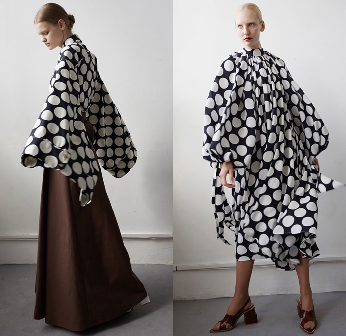 A.W.A.K.E. 2018 Resort Cruise Pre-Spring Womens Lookbook Presentation - Outerwear Trench Coat Quilted Waffle Puffer Hooded Parka Oversized Kimono Wrap Robe Bell Wide Sleeves Elongated Long Sleeve Blouse Shirt Buttons Deconstructed Panels Polka Dots Spots Reverse Tie Up Check Grid Lattice Obi Sash Shirtdress Topographical Worm Hanging Sleeve Drapery Wrap Leg O'mutton Bloated Sleeves Sheer Chiffon Organza Tulle One Shoulder Halterneck Accordion Pleats Skirt Frock Pleats Wide Leg Trousers Palazzo Pants Platform Heels