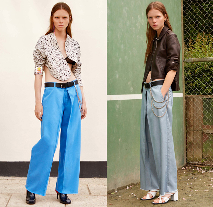 Aalto by Tuomas Merikoski 2018 Resort Cruise Pre-Spring Womens Lookbook Presentation Finland Paris - Flap Panel Denim Jeans Wide Leg Trousers Palazzo Pants Chain Frayed Raw Curved Hem Outerwear Jacket Leather Chunky Knit Sweater Jumper Ribbed Cardigan Crop Top Midriff Long Sleeve Blouse Noodle Spaghetti Strap Dress Belted Waist Buttons Crepe Shirtdress Flowers Floral Stripes Plaid Tartan Check Soccer Athletic Socks Pumps Heels Sunglasses Opera Gloves