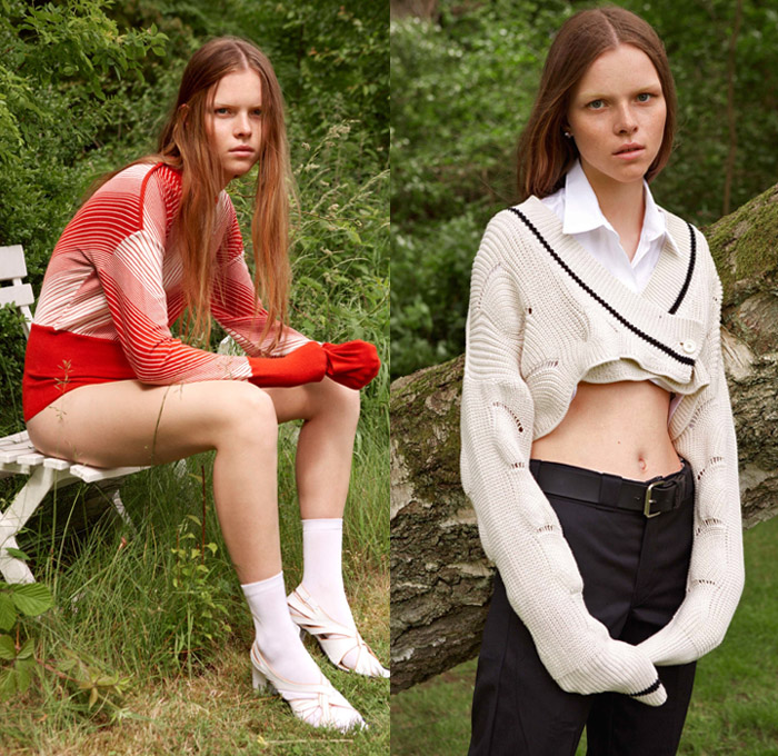 Aalto by Tuomas Merikoski 2018 Resort Cruise Pre-Spring Womens Lookbook Presentation Finland Paris - Flap Panel Denim Jeans Wide Leg Trousers Palazzo Pants Chain Frayed Raw Curved Hem Outerwear Jacket Leather Chunky Knit Sweater Jumper Ribbed Cardigan Crop Top Midriff Long Sleeve Blouse Noodle Spaghetti Strap Dress Belted Waist Buttons Crepe Shirtdress Flowers Floral Stripes Plaid Tartan Check Soccer Athletic Socks Pumps Heels Sunglasses Opera Gloves