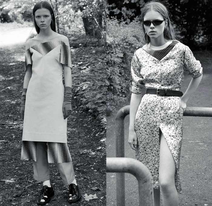 Aalto by Tuomas Merikoski 2018 Resort Cruise Pre-Spring Womens Lookbook Presentation Finland Paris - Flap Panel Denim Jeans Wide Leg Trousers Palazzo Pants Chain Frayed Raw Curved Hem Outerwear Jacket Leather Chunky Knit Sweater Jumper Ribbed Cardigan Crop Top Midriff Long Sleeve Blouse Noodle Spaghetti Strap Dress Belted Waist Buttons Crepe Shirtdress Flowers Floral Stripes Plaid Tartan Check Soccer Athletic Socks Pumps Heels Sunglasses Opera Gloves