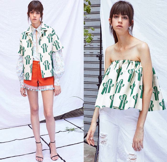 au jour le jour 2018 Resort Cruise Pre-Spring Womens Lookbook Presentation - Mexico Piñata Cactus Desert Chili Peppers Margarita Cocktail Glass Sombrero Guitars Maracas Folds Frills Ruche Flounce Neck Ruffle Fringes Threads Tassels Embroidery Embellishments Adorned Decorated Bedazzled Sequins Paillettes Leaves Foliage Fern Fronds Crop Top Midriff Onesie Jumpsuit Coveralls Dungarees Long Sleeve Blouse Shirt Strapless Cutout Shoulders Peplum Hooded Sweatshirt Dress Flare Bell Bottom Cropped Pants Trousers Cutoffs Shorts Skirt Frock Destroyed Holes Denim Jeans Bustier Frayed Raw Hem Slippers Pumps Heels