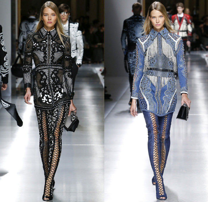 Balmain 2018 Resort Cruise Pre-Spring Womens Runway Catwalk Looks Collection - Intricate Knit Crochet Basketweave Lace Needlework Embroidery Outerwear Blazer Cutout Waist Tuxedo Cocktail Jacket Nautical Sailor Marinière Anchor Embellishments Adornments Decorated Bedazzled Jewels Metallic Studs Fringes Ornamental Decorative Art Chain Leaves Foliage Botanical Flowers Floral Pattern Motif Mesh Perforated Swirls One Shoulder Miniskirt Dress Shirtdress Ruffles Frills Ruche Sheer Chiffon Organza Tulle Satin Silk Poodle Circle Skirt Asymmetrical Hem Gown Eveningwear Denim Jeans Stripes Skinny Lace Up Cross Stitch Gladiator Thigh High Boots Choker Western Necktie Necklace Mini Micro Bag Purse Bracelet Earrings