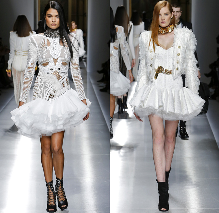 Balmain 2018 Resort Cruise Pre-Spring Womens Runway Catwalk Looks Collection - Intricate Knit Crochet Basketweave Lace Needlework Embroidery Outerwear Blazer Cutout Waist Tuxedo Cocktail Jacket Nautical Sailor Marinière Anchor Embellishments Adornments Decorated Bedazzled Jewels Metallic Studs Fringes Ornamental Decorative Art Chain Leaves Foliage Botanical Flowers Floral Pattern Motif Mesh Perforated Swirls One Shoulder Miniskirt Dress Shirtdress Ruffles Frills Ruche Sheer Chiffon Organza Tulle Satin Silk Poodle Circle Skirt Asymmetrical Hem Gown Eveningwear Denim Jeans Stripes Skinny Lace Up Cross Stitch Gladiator Thigh High Boots Choker Western Necktie Necklace Mini Micro Bag Purse Bracelet Earrings